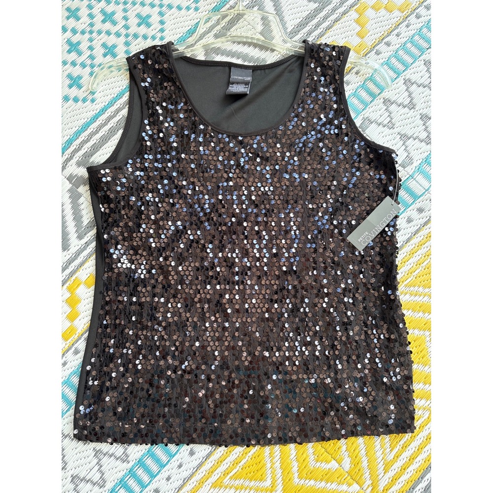 Covington Petite Sequin Shine Tank Top Brown Kahlilia LP Sleeveless Scoop Neck
